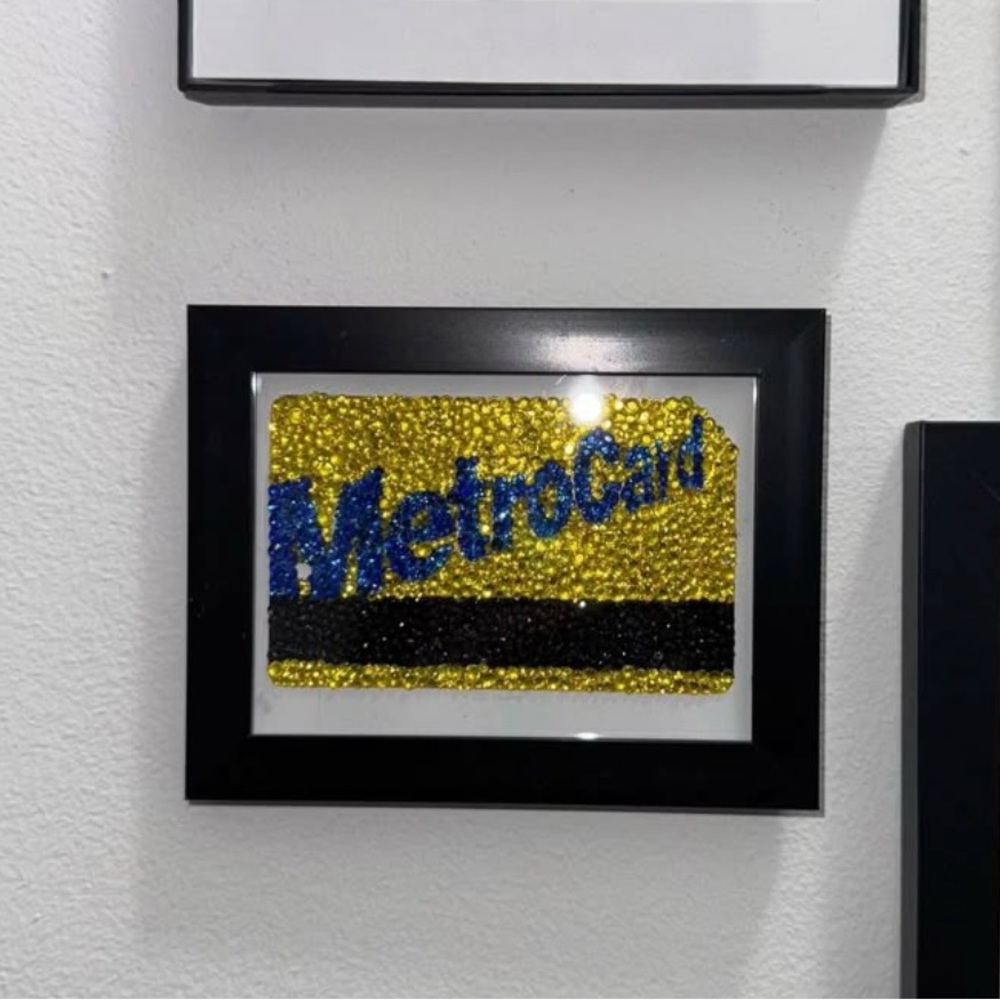 Framed MetroCard Art with Blue and Yellow Accents